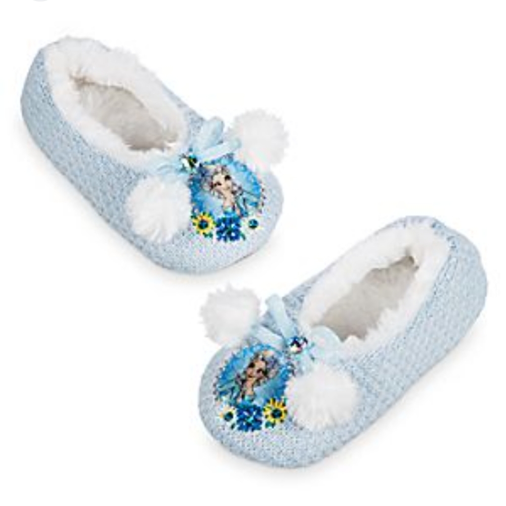 LIKE NEW The Disney Store Girls Blue Knit Frozen Elsa Slippers Size 2/3